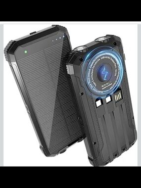 Solar Power Bank 20000mAh, 15W Wireless Fast Charger with 3 Built-in Cables, USB